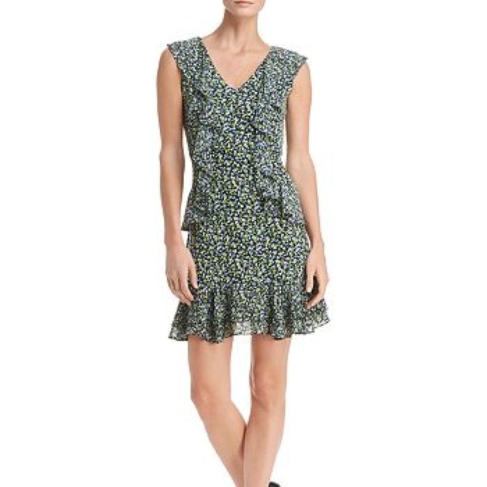 MICHAEL Michael Kors Floral-Print Ruffle Dress Sleeveless Mini Navy Blue Green